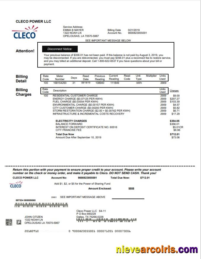 USA Louisiana Cleco Power electricity utility bill